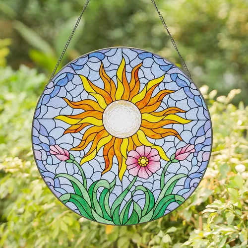Intricate Tiffany Stained Glass Sun & Flowers Garden Mosaic - Glowing Jewel Tone Decor Stained Glass Suncatcher