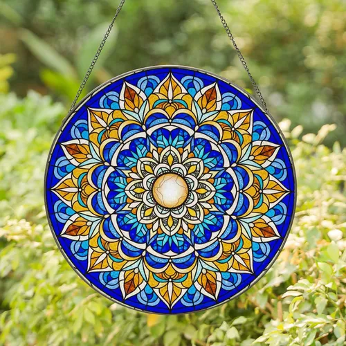Symmetrical Stained Glass Floral Mandala - Tiffany Jewel Tone Mosaic Window Decor Accent Stained Glass Suncatcher