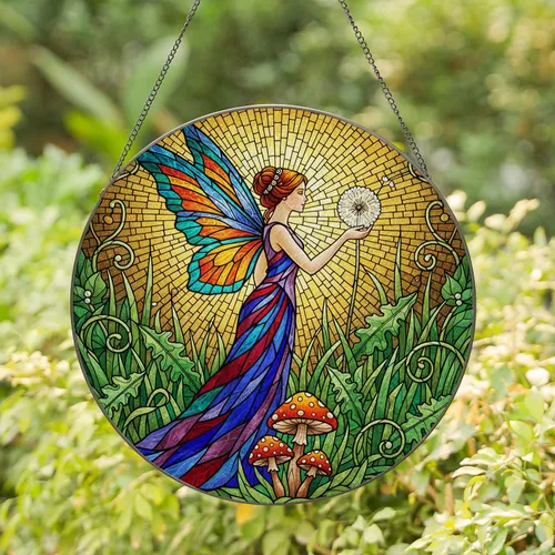 Graceful Fairy Dandelion Stained Glass Mosaic with Mushrooms - Tiffany Jewel Tones Stained Glass Suncatcher