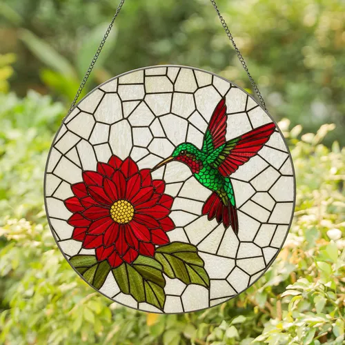Green Hummingbird Red Flower Tiffany Stained Glass Mosaic Densely Detailed Jewel Tone Stained Glass Suncatcher