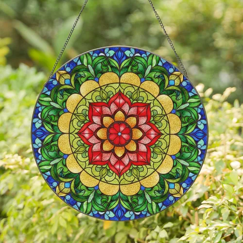 Ruby Red Flower Mandala Stained Glass Floral Mosaic Tiffany Style Home Window Art Stained Glass Suncatcher