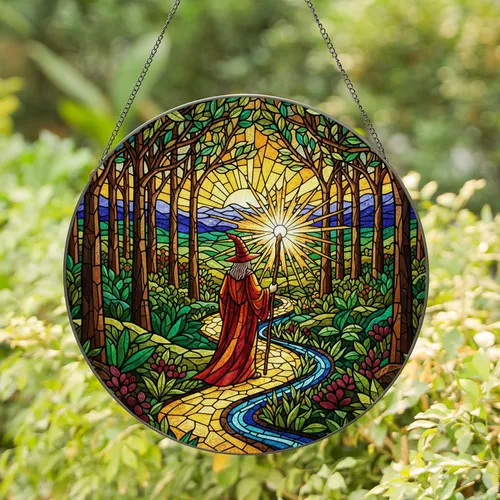 Wizard Cloaked Figure Glowing Staff Stained Glass Forest Tiffany Jewel Tones Mosaic Stained Glass Suncatcher