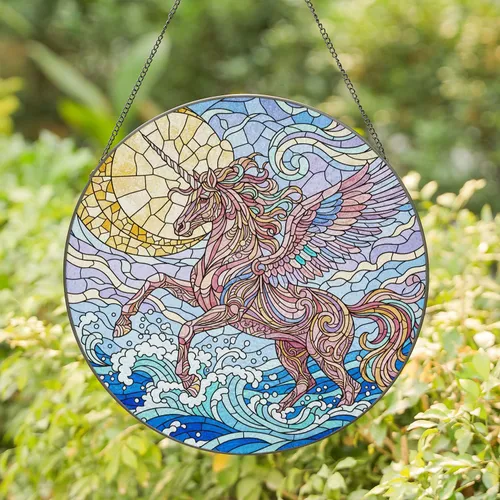 Winged Unicorn Stained Glass Art Celestial Moon Ocean Waves Dynamic Water Splashes Stained Glass Suncatcher