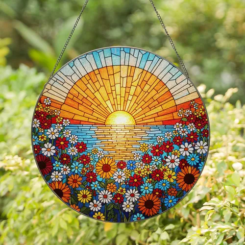 Tiffany Style Stained Glass Sunset Landscape Wildflower Meadow Sun & Water Jewel Tone Art Stained Glass Suncatcher