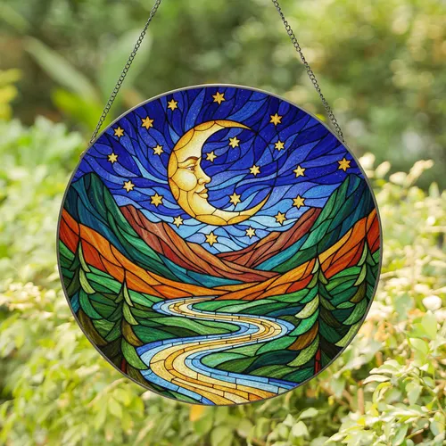 Intricate 8K Tiffany Stained Glass Golden Moon Stars Celestial Mountain River Landscape Stained Glass Suncatcher
