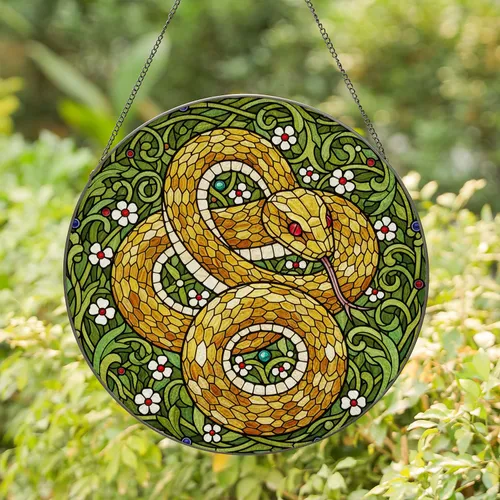 Tiffany Stained Glass Serpent - Ruby Eye, Lush Foliage & Jewel Tone Mosaic Art Stained Glass Suncatcher