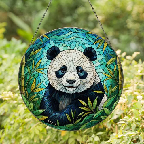 Friendly Panda Bear Stained Glass Art - Tiffany Style Bamboo Leaves Nature Ambiance Gift Stained Glass Suncatcher