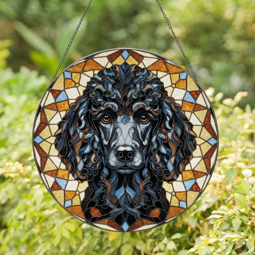 Black Standard Poodle Stained Glass Mosaic Art with Curly Fur – Iridescent Tiffany Style Stained Glass Suncatcher