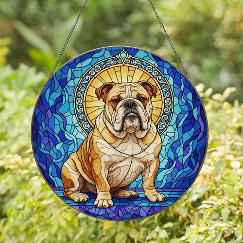 English Bulldog Stained Glass Tiffany Cosmic Mosaic Art with Radiant Halo Detailed Patterns Stained Glass Suncatcher