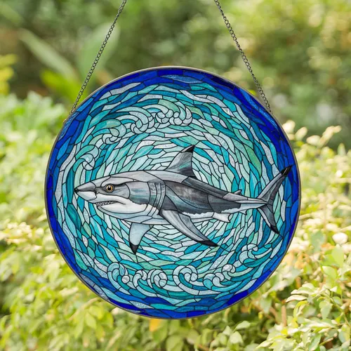 Realistic Great White Shark Stained Glass - Marine Life Jewel Tone Ocean Waves Art Stained Glass Suncatcher