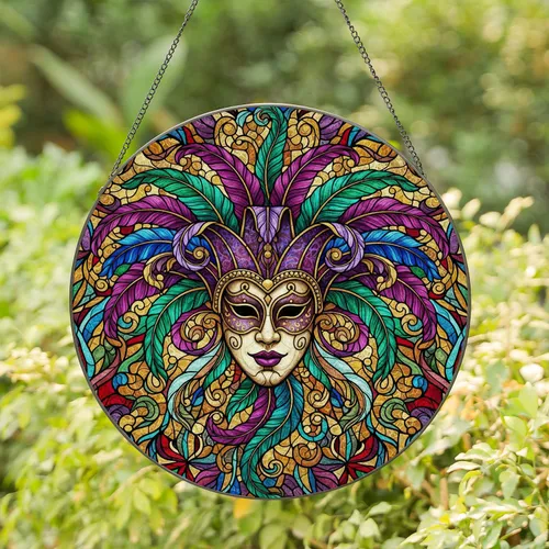 Venetian Masquerade Mask Jester Harlequin Feathered Headdress Tiffany Stained Glass Mosaic Stained Glass Suncatcher