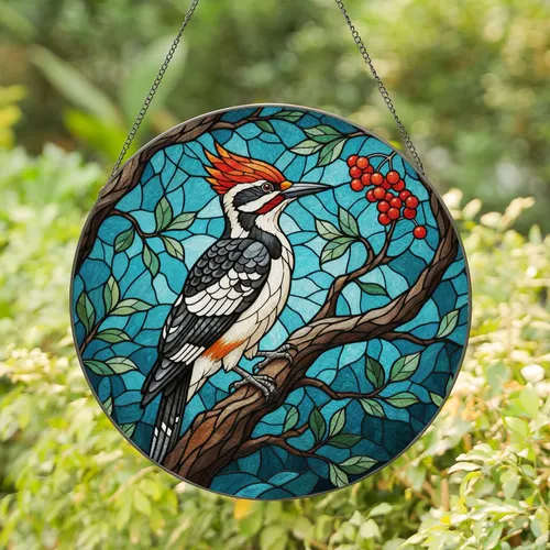 Red Crest Woodpecker Stained Glass Decor - Red Berries Tiffany Style Mosaic Tree Branch Stained Glass Suncatcher