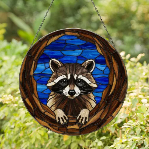 Highly Detailed Raccoon Stained Glass Tiffany Art Tree Log Emerging Wildlife Decor Stained Glass Suncatcher