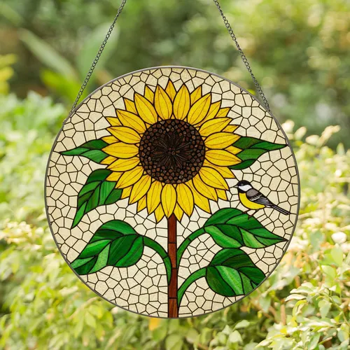 Tiffany Style Stained Glass Sunflower Bird Black White Yellow - Green Leaves Mosaic Decor Stained Glass Suncatcher