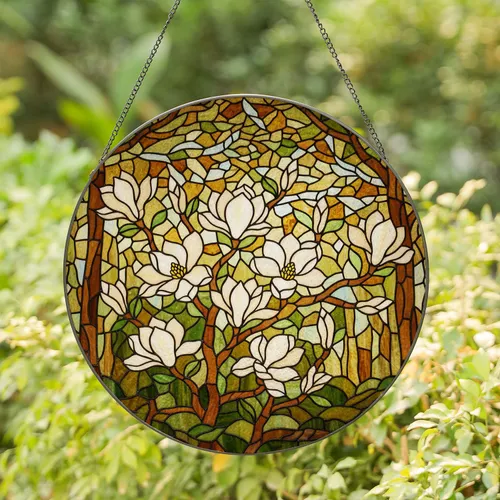Magnolia Flower Stained Glass Mosaic Window Art - Tiffany Inspired Floral Home Decor Stained Glass Suncatcher