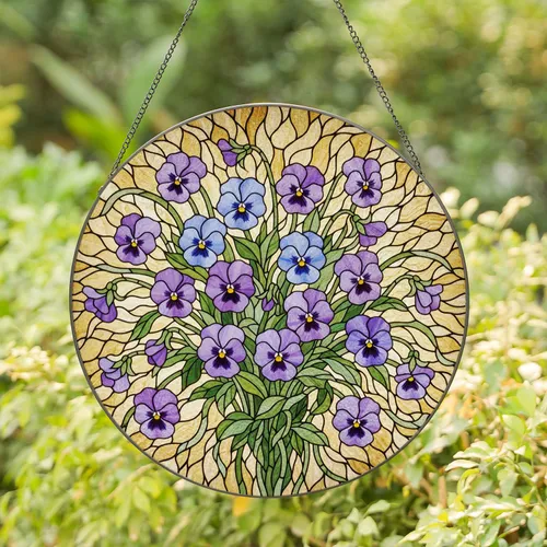 Lush Naturalistic Pansy Flowers Bouquet Stained Glass - Tiffany Style Jewel Tones Mosaic Stained Glass Suncatcher