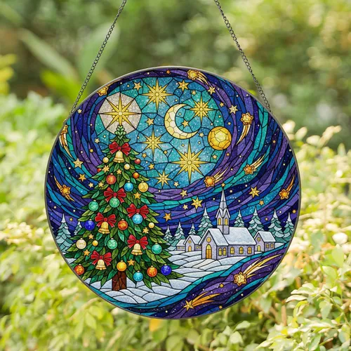 Majestic Christmas Tree Snow Village Church Steeple Stained Glass Tiffany Art - Holiday Decor Stained Glass Suncatcher