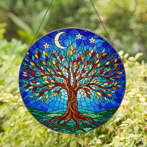 Stained Glass Tree of Life Moon Stars Night Sky Landscape - Tiffany Style Colorful Mosaic Art Stained Glass Suncatcher