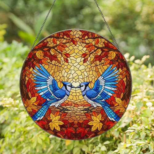 Blue Jays Romantic Embrace Stained Glass Autumn Leaves Tiffany Mosaic Home Decor Art Stained Glass Suncatcher