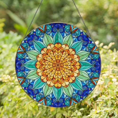 Chrysanthemum Dahlia Stained Glass Flower Edge-to-Edge Tiffany Jewel Tone Mosaic Art Stained Glass Suncatcher