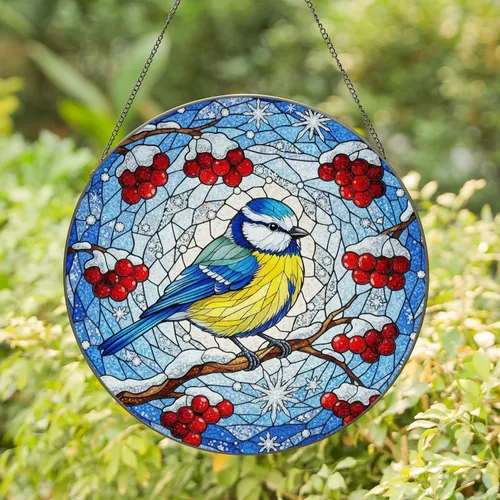 Blue Tit Bird Stained Glass Winter Snow Scene with Red Berries & Frost Decor Stained Glass Suncatcher