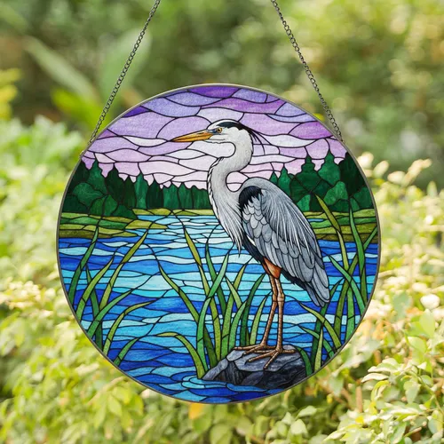 Great Blue Heron Stained Glass Aquatic Landscape Art - Tiffany Style Marsh Reeds Purple Sky Stained Glass Suncatcher