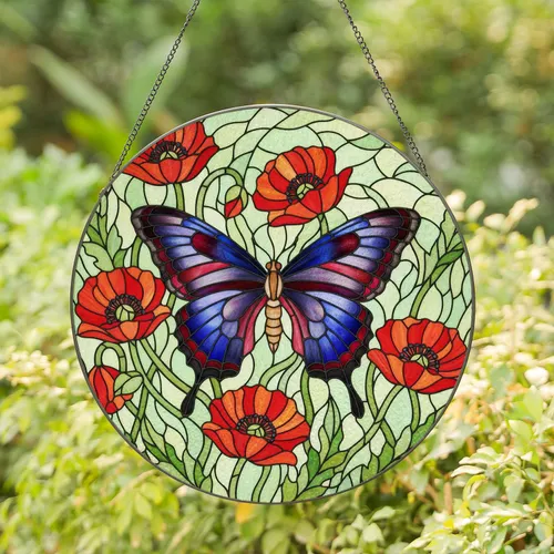 Tiffany Stained Glass Butterfly Poppy Flowers Art - Intricate Jewel Tones Design Stained Glass Suncatcher