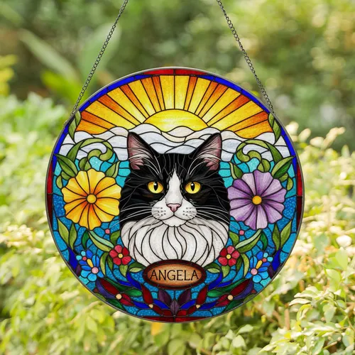 Fluffy Black White Tuxedo Cat Head Angela Name Tag Stained Glass Floral Sunburst Design Stained Glass Suncatcher