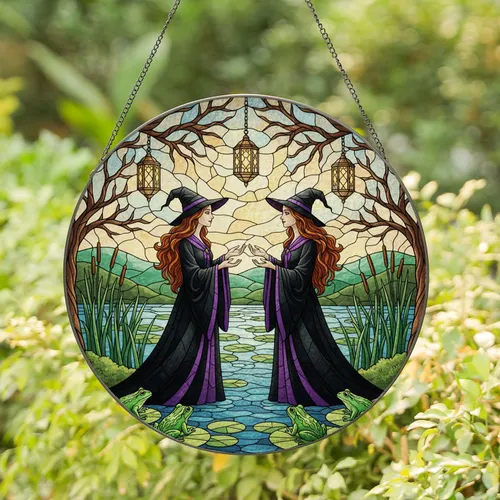 Tiffany Glass Witches Frogs Lanterns Stained Art - Intricate Fantasy Scene Decor Stained Glass Suncatcher