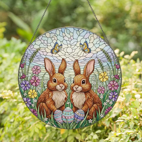 Stained Glass Two Bunnies Easter Eggs Wildflowers Butterflies - Spring Holiday Decor Gift Stained Glass Suncatcher