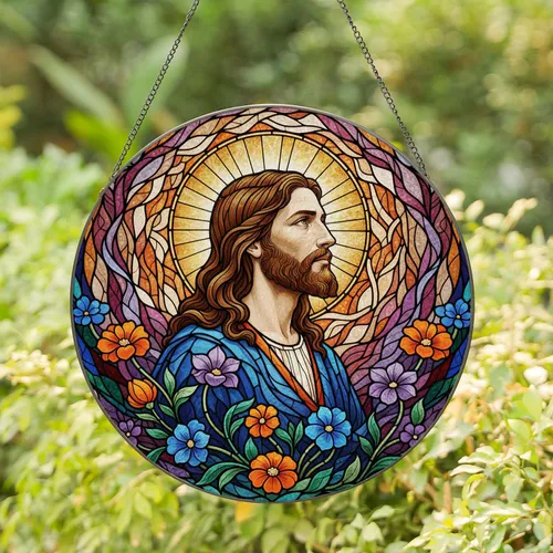 Serene Jesus Christ Profile Halo Tiffany Glass Blooming Flowers Swirling Celestial Mosaic Art Stained Glass Suncatcher