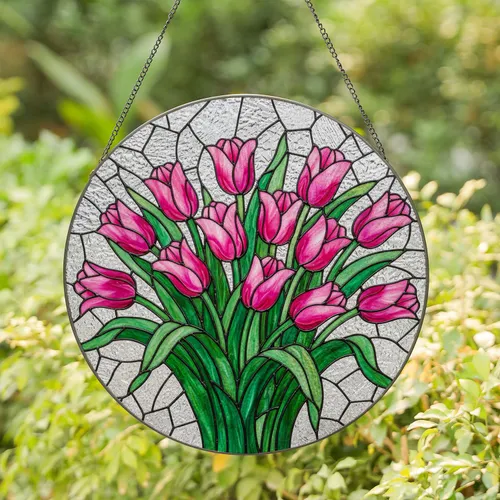 Colorful Blooming Tulips Stained Glass Mosaic - Tiffany Style Jewel Tone Floral Window Decor Stained Glass Suncatcher