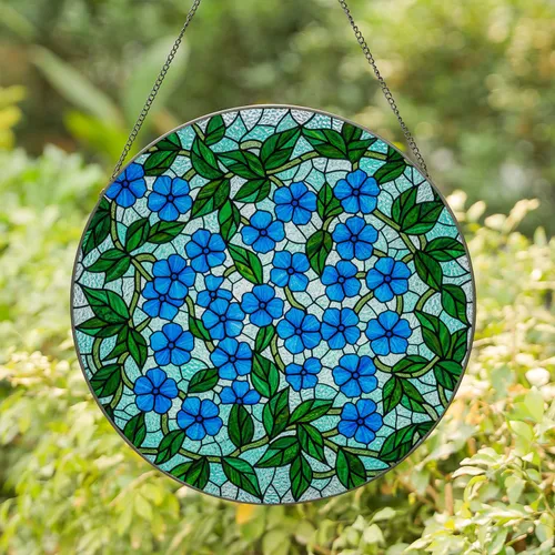 Glowing Blue Flowers Green Leaves Tiffany Style Stained Glass Art Jewel Tone Mosaic Stained Glass Suncatcher