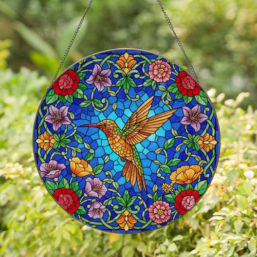 Edge-to-Edge Stained Glass Hummingbird Art, Jewel-Toned Flowers & Intricate Mosaic Stained Glass Suncatcher
