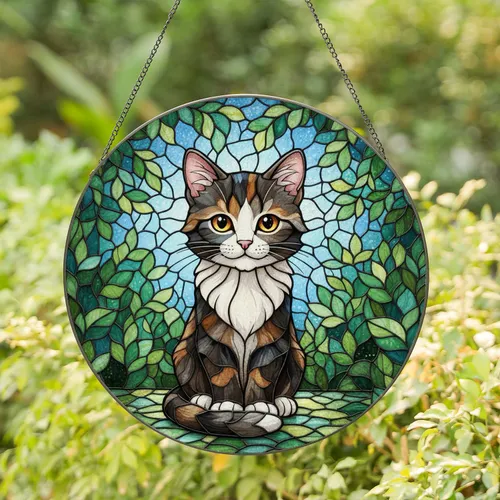 Cute Cartoon Kitten Stained Glass - Mottled Black Grey Cat Amber Eyes Garden Sky Lush Green Stained Glass Suncatcher