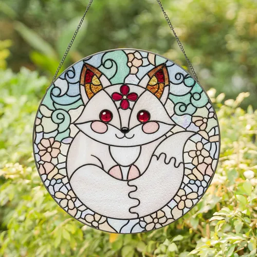 Chubby White Fox Stained Glass, Ruby Jewel Eyes, Crimson Flower, Tiffany Style Art Stained Glass Suncatcher