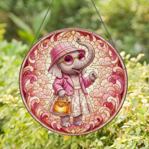 Baby Elephant in Pink Hat Spectacles Jacket Dress - Ornate Stained Glass Tiffany Style Art Stained Glass Suncatcher