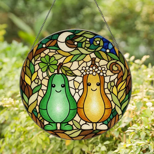 Green Pear Golden Gourd Stained Glass Art, Tiffany Clover Flower Mosaic Glowing Fruit Stained Glass Suncatcher