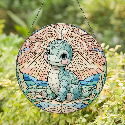 Glowing Translucent Tiffany Stained Glass Baby Sauropod Creature Intricate Patterns Stained Glass Suncatcher