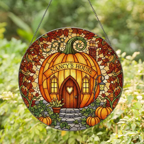 Tiffany Style Stained Glass Glowing Pumpkin Cottage 'Nancy's House' Autumn Leaves Decoration Stained Glass Suncatcher