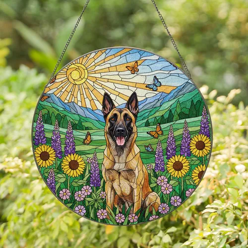 Belgian Malinois Dog Stained Glass Art, Wildflowers Sunflowers Mountains Butterflies Stained Glass Suncatcher