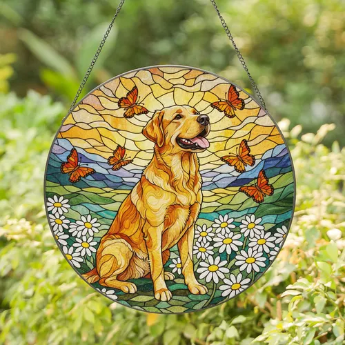 Golden Labrador Retriever Dog Stained Glass with Orange Butterflies & White Daisies Stained Glass Suncatcher