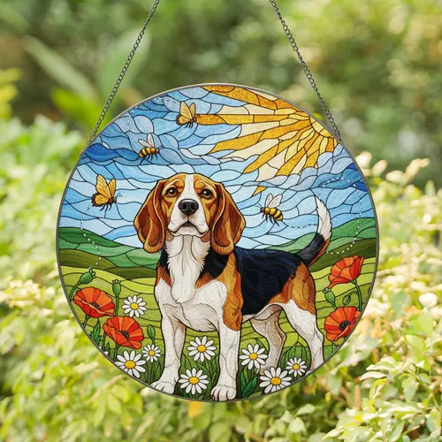 Inquisitive Tricolor Beagle Dog Stained Glass Art with Daisies, Poppies, Bees & Butterflies Stained Glass Suncatcher