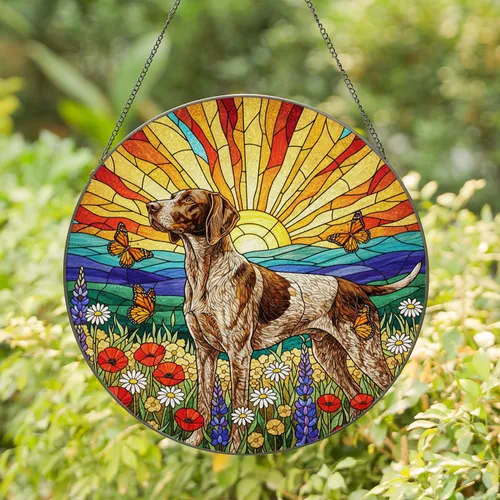 German Shorthaired Pointer Stained Glass Tiffany Style Wildflowers Monarch Butterflies Dog Lover Gift Stained Glass Suncatcher