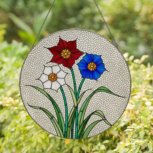 Tiffany Style Stained Glass Jewel Tone Red Blue White Flowers Green Stems Clear Cream Mosaic Stained Glass Suncatcher
