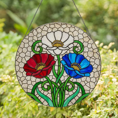 White Red Blue Poppy Flowers Stained Glass Mosaic Art - Tiffany Style Jewel Tone Home Decor Stained Glass Suncatcher