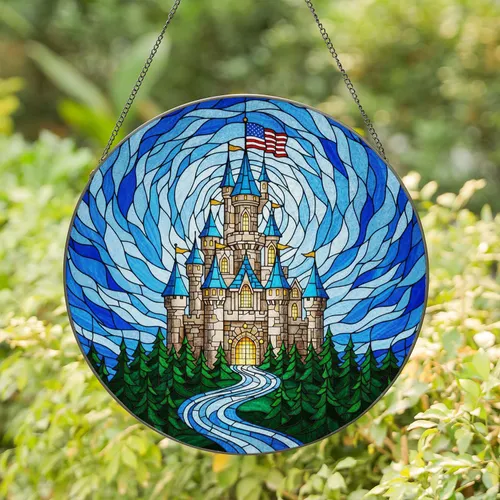 Fairy-Tale Castle American Flag Stained Glass Blue Spires River Pathway Mosaic Sky Stained Glass Suncatcher