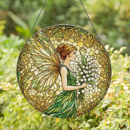 Profile Leaf Wing Bun Hair Fairy Lily of Valley Tiffany Style Floral Mosaic Stained Glass Suncatcher