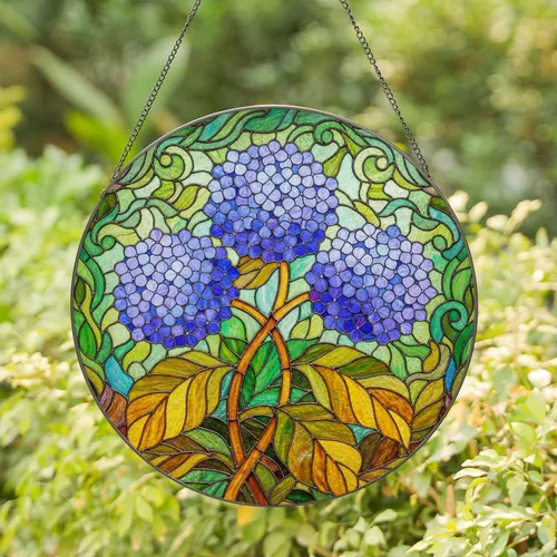 Stained Glass Hydrangea Flowers Variegated Leaves - Tiffany Style Art Decor Gift Stained Glass Suncatcher