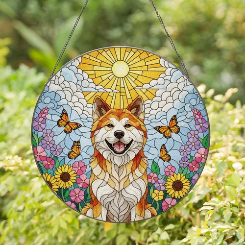 Happy Akita Dog Wildflower Butterfly Sky Sun Tiffany Stained Glass - Dog Lover Gift Stained Glass Suncatcher